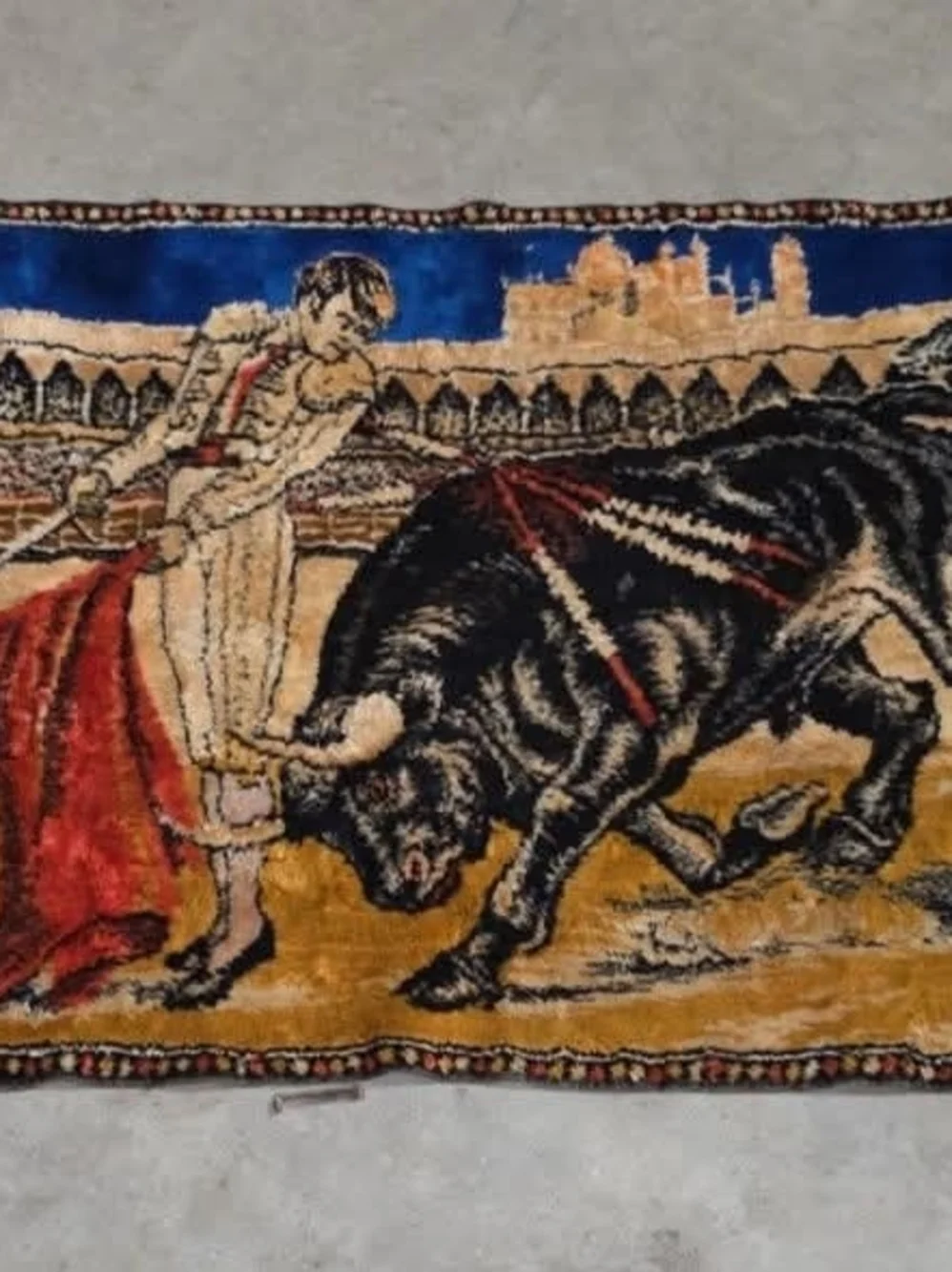 Vintage-Style Bullfighting Wall Tapestry in Black, Red, Blue and Gold